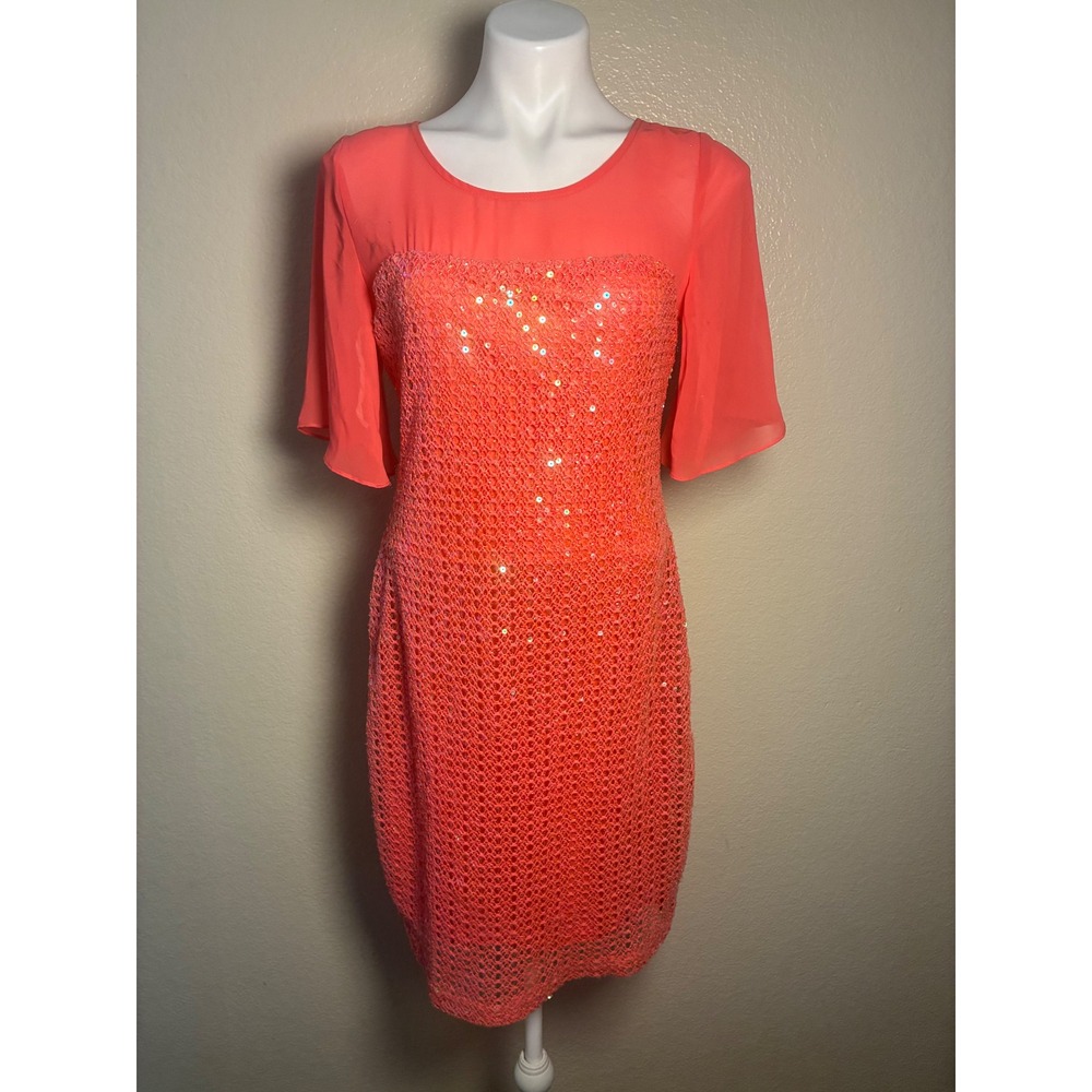 Maria Bonita USA Coral Pink Sequin Crochet Flutter Sleeve Cocktail Dress Large